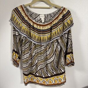 Chico's Sz 2‎ Aztec Print Boat Neck 3/4 Sleeve Tunic Top Fall Colors A1